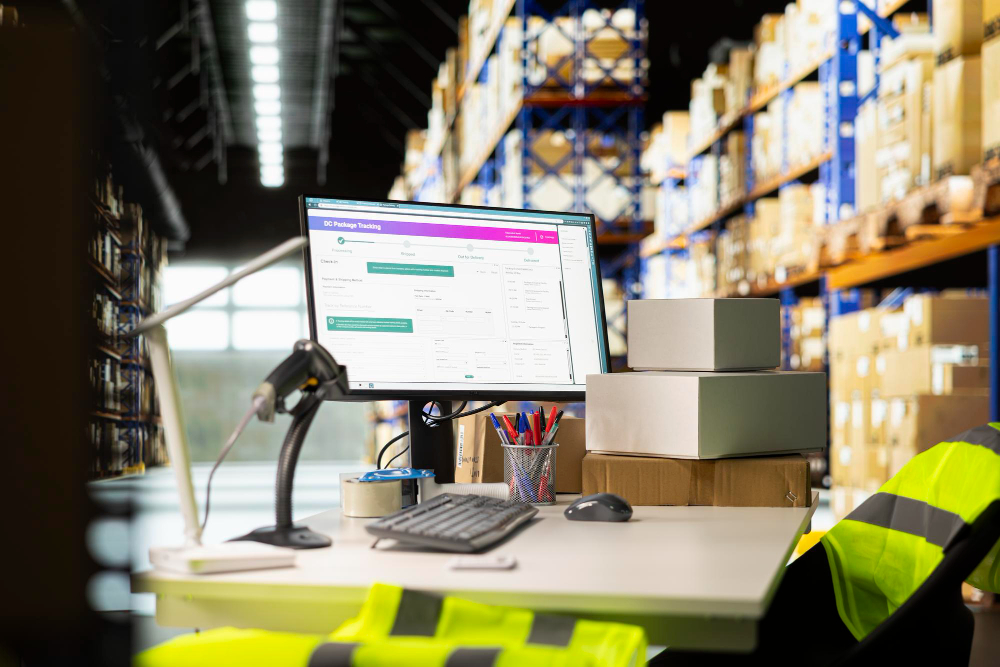 Warehouse staff tracking stock with inventory management software